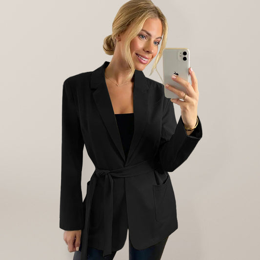 New Women's Solid Color Double Pocket Blazer Black