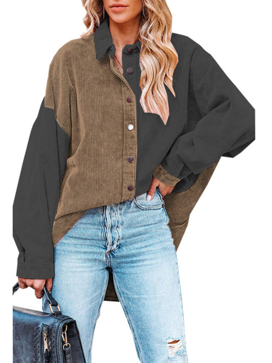 Color matching corduroy foreign trade cross-border loose shirt jacket women Brown