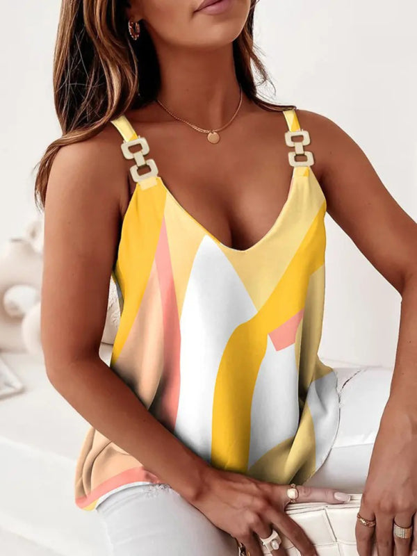 Sleeveless Chain Halter Print Ladies Tank Top Yellow