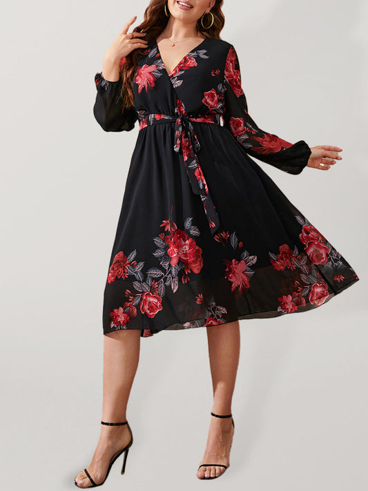 Plus Size Sexy V Neck Floral Print Tie Slim Dress Black