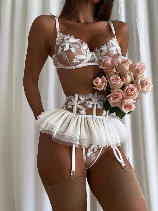 Sexy Embroidered Lingerie Set with Skirt