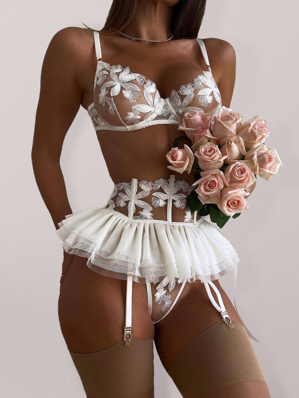 Sexy Embroidered Lingerie Set with Skirt White