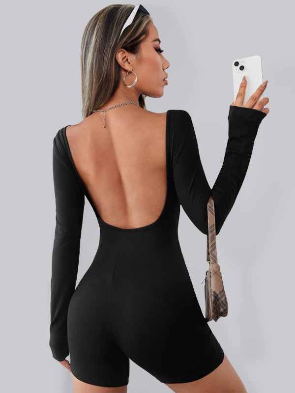 Women's knitted sexy open back long sleeve jumpsuit Black