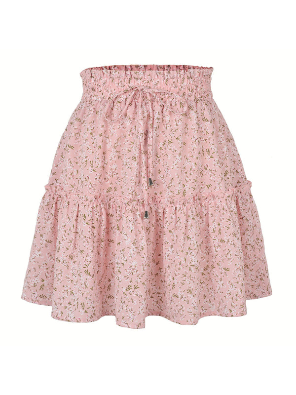 Ladies High Waist Ruffled Floral Printed A-Line Skirt Pink print