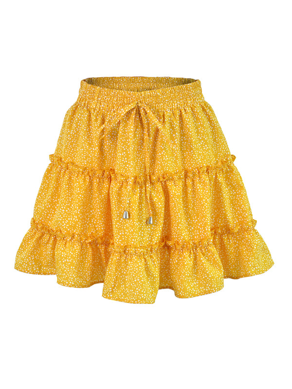 Ladies High Waist Ruffled Floral Printed A-Line Skirt Yellow dots
