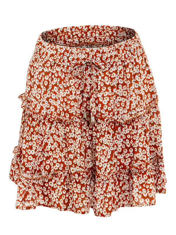 Ladies High Waist Ruffled Floral Printed A-Line Skirt New orange
