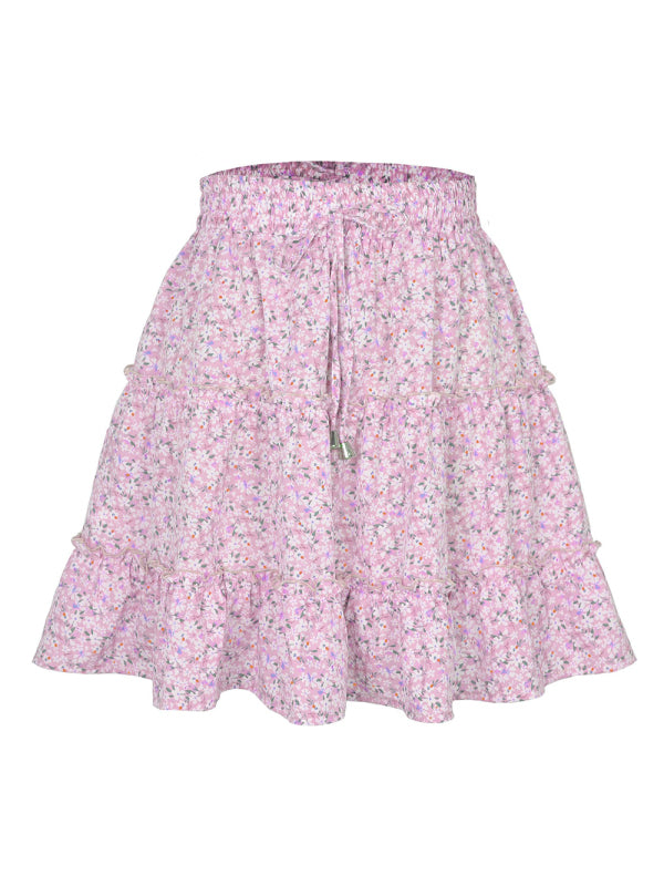 Ladies High Waist Ruffled Floral Printed A-Line Skirt New pink