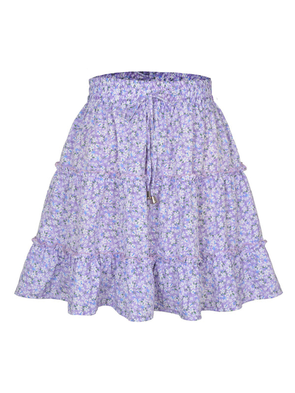 Ladies High Waist Ruffled Floral Printed A-Line Skirt New purple