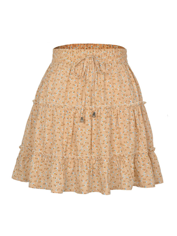 Ladies High Waist Ruffled Floral Printed A-Line Skirt New beige