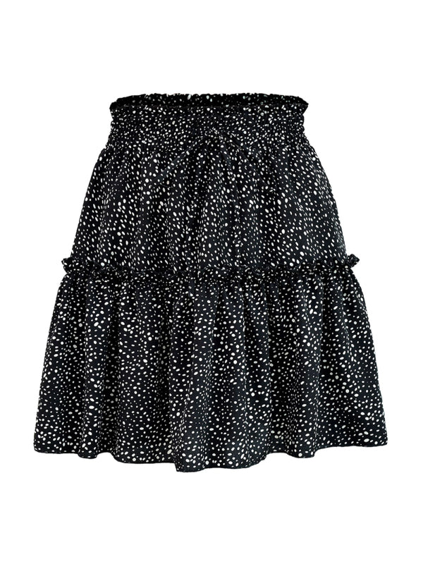 Ladies High Waist Ruffled Floral Printed A-Line Skirt Black dot