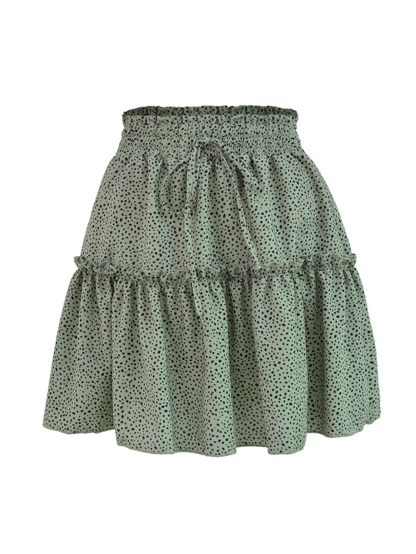 Ladies High Waist Ruffled Floral Printed A-Line Skirt Dark green dot