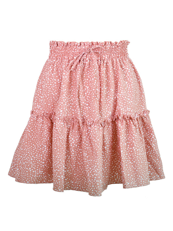 Ladies High Waist Ruffled Floral Printed A-Line Skirt Pink dot