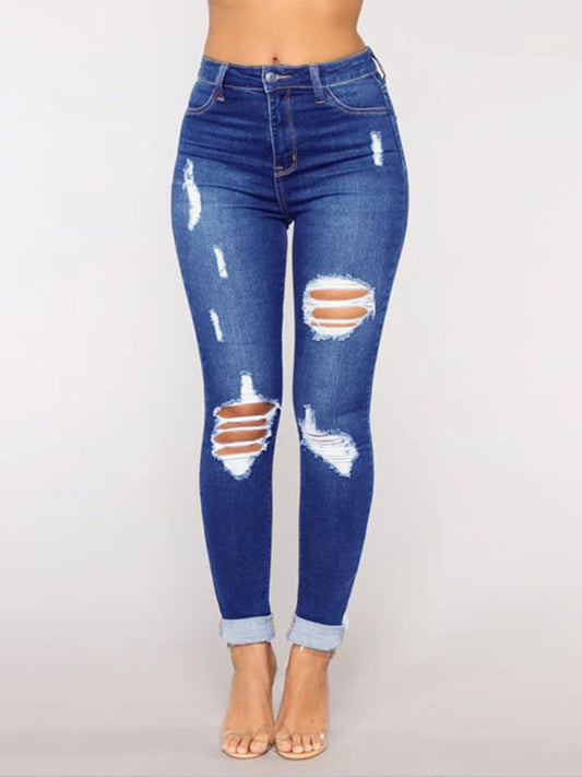 Women's trendy fashion ripped washed jeans Blue