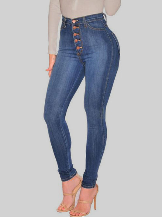 Women's Fashion Versatile High Waist High Elastic Hip Lift Jeans Purplish blue navy