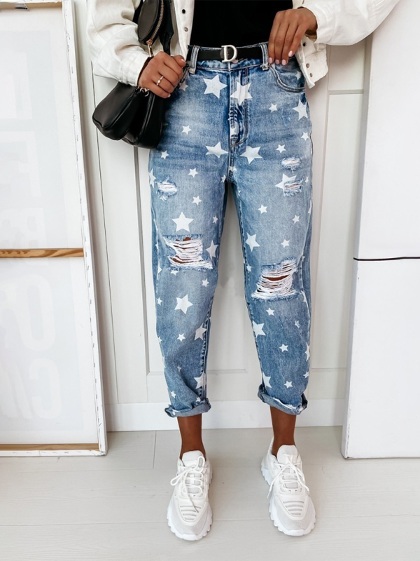 Women's star pattern ripped wash jeans