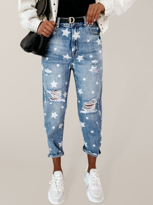Women's star pattern ripped wash jeans Blue