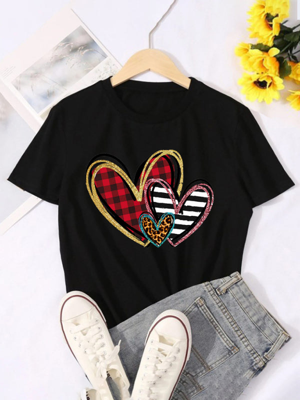 Women's Leopard Love Print Top Short Sleeve T-Shirt Black