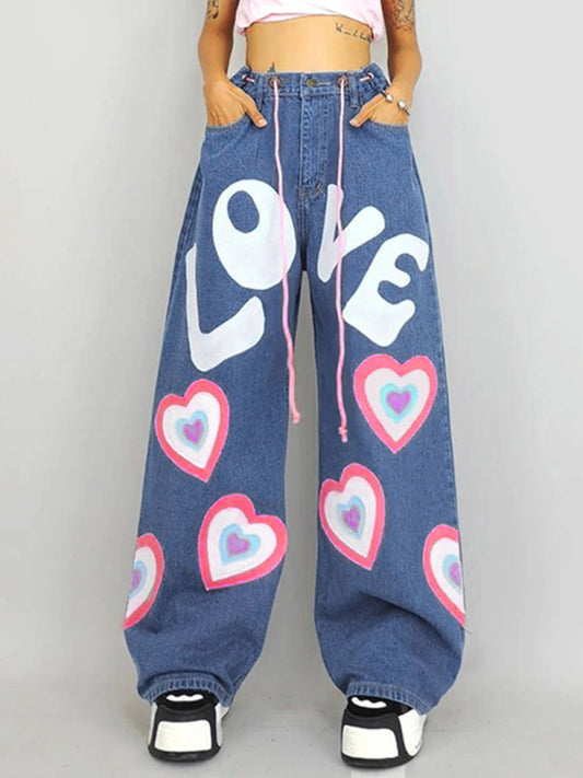 Women's Contrasting Color Heart Graffiti Print Loose Jeans Blue