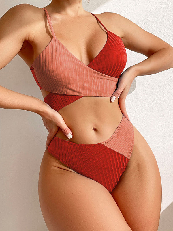 Women's solid color color block thick pit strip cross strap high waist bikini Red