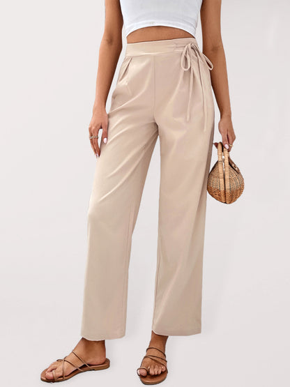 Women's woven high-waisted solid-color commuter-style cropped tie-up straight-leg pants Cracker khaki