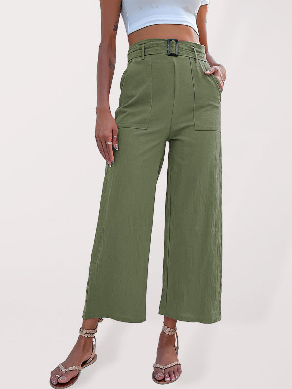 Women's woven cotton cropped casual wide-leg pants Green