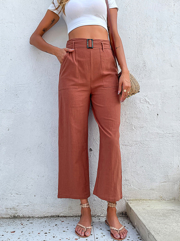 Women's woven cotton cropped casual wide-leg pants Red