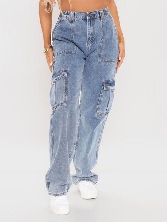 Women's Solid Multi-Pocket Cargo Jeans Clear blue