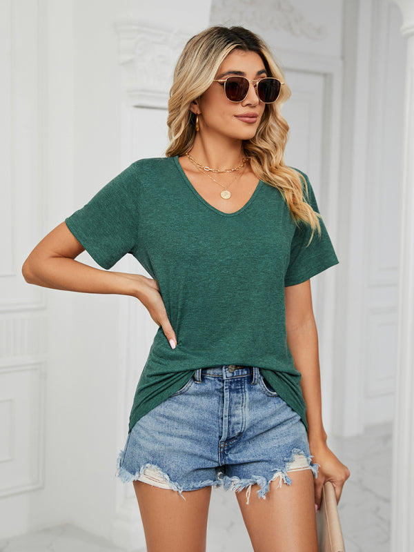 Short Sleeve V Neck Gathered Solid Color Loose T-Shirt Top Ladies Green