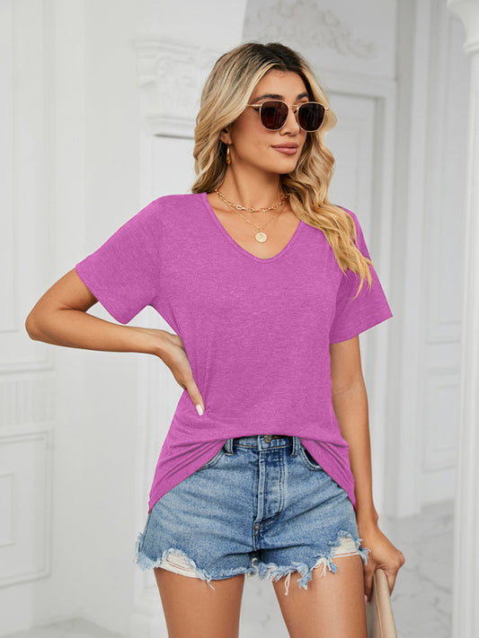 Short Sleeve V Neck Gathered Solid Color Loose T-Shirt Top Ladies Pink