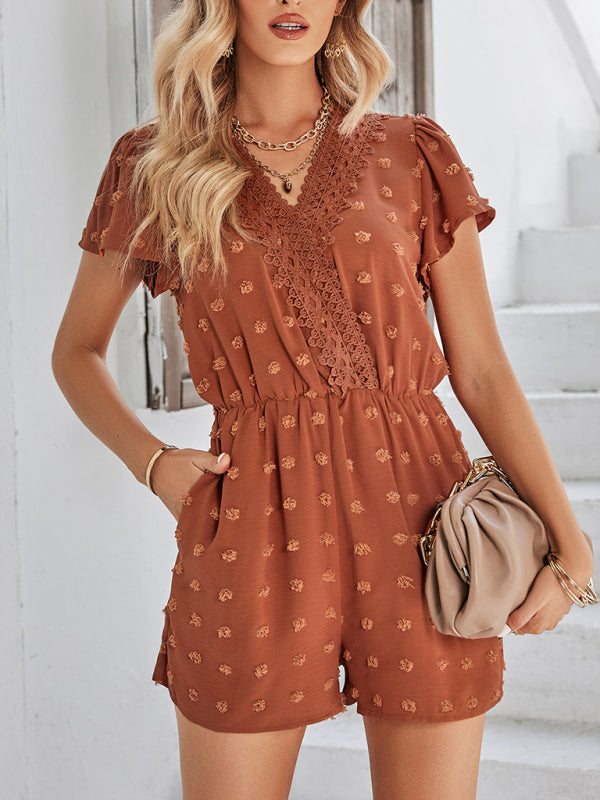Women's solid color V-neck chiffon jacquard short-sleeved rompers Brick red