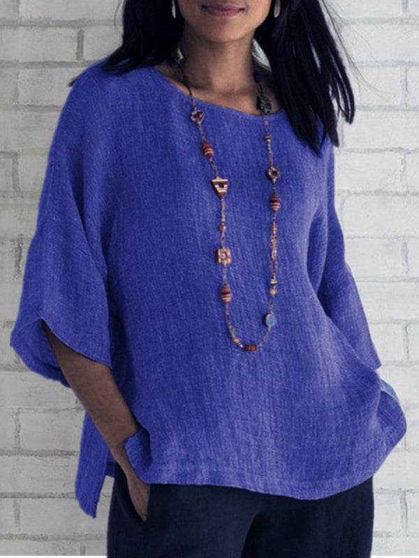 Foreign trade women's three-quarter sleeve round neck cotton linen shirt top Blue