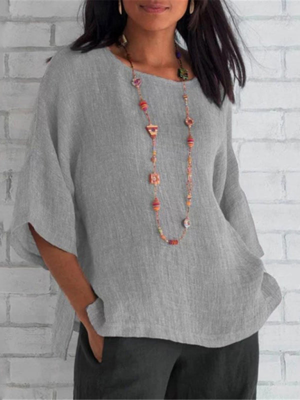 Foreign trade women's three-quarter sleeve round neck cotton linen shirt top Grey