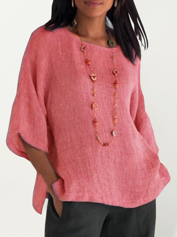Foreign trade women's three-quarter sleeve round neck cotton linen shirt top Pink
