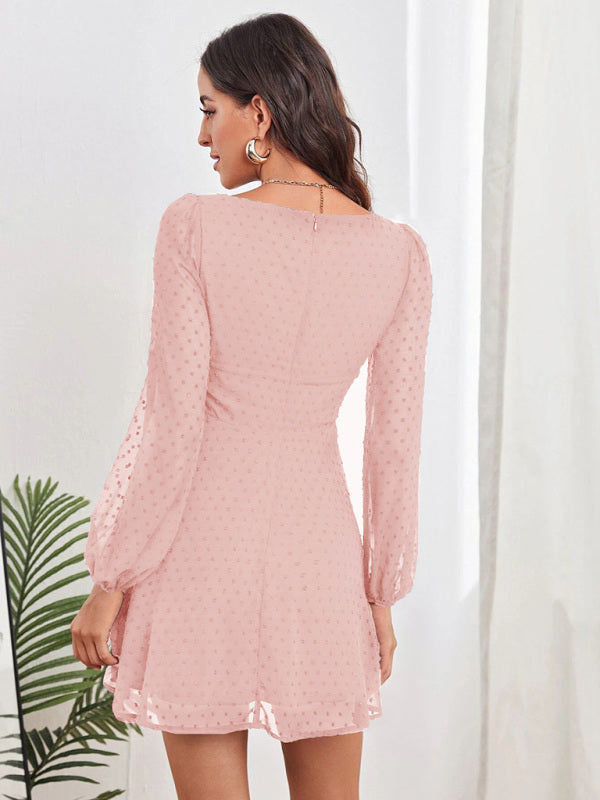 Women's Woven Chiffon Jacquard Elegant Long Sleeve Dress