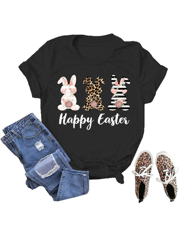 Women's Easter Bunny HAPPY EASTER Letter Print Short Sleeve T-Shirt Black