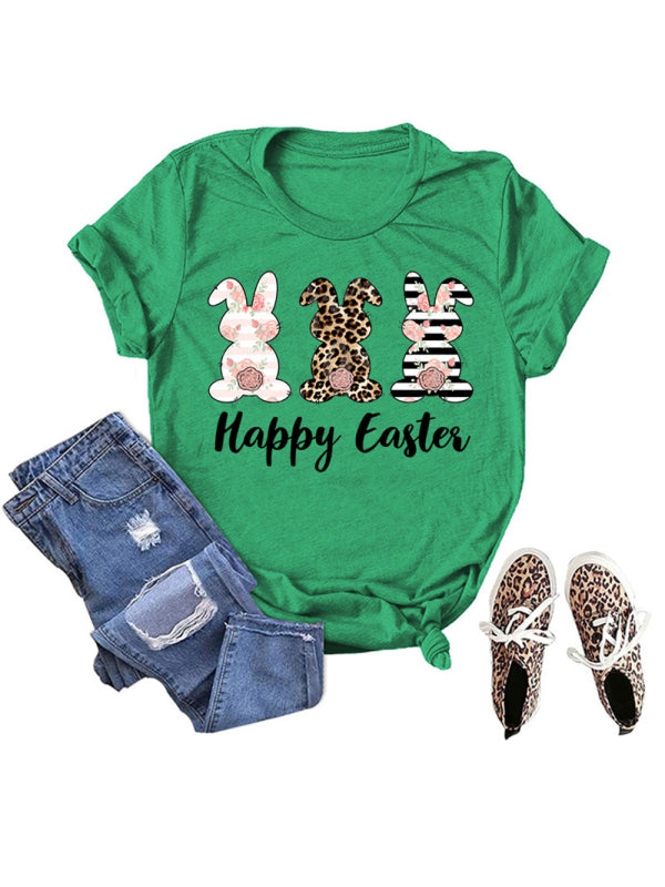 Women's Easter Bunny HAPPY EASTER Letter Print Short Sleeve T-Shirt Green black jasper