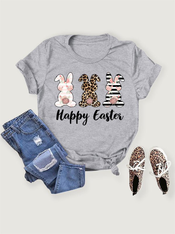 Women's Easter Bunny HAPPY EASTER Letter Print Short Sleeve T-Shirt Grey