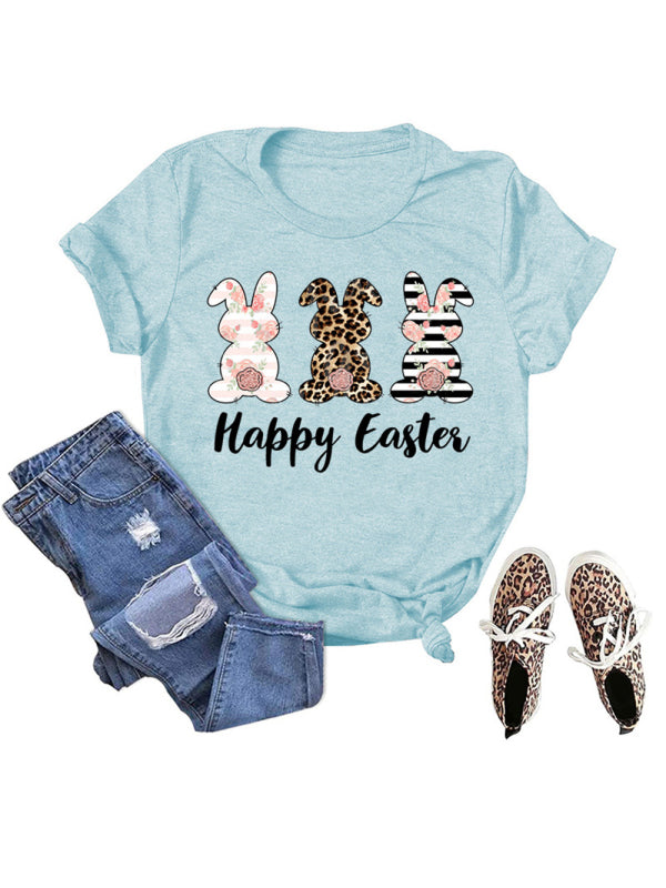 Women's Easter Bunny HAPPY EASTER Letter Print Short Sleeve T-Shirt Clear blue