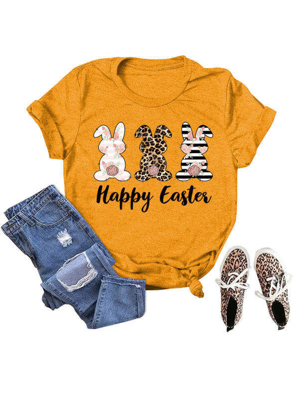 Women's Easter Bunny HAPPY EASTER Letter Print Short Sleeve T-Shirt Mustard
