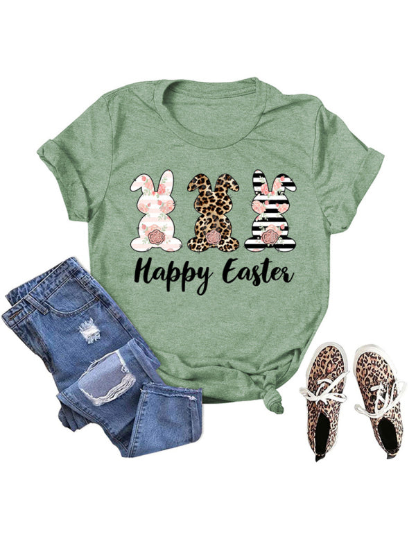 Women's Easter Bunny HAPPY EASTER Letter Print Short Sleeve T-Shirt Pale green