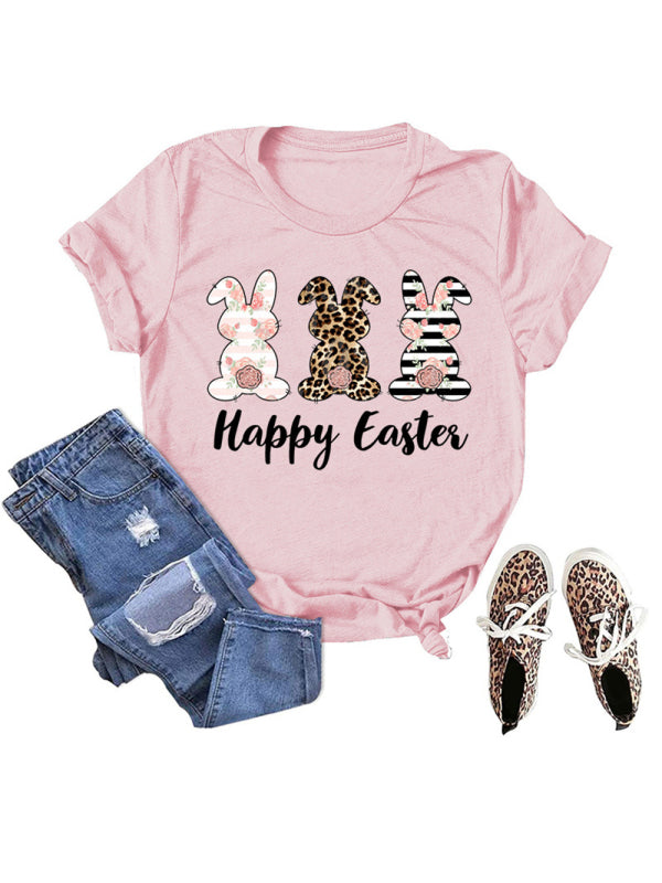 Women's Easter Bunny HAPPY EASTER Letter Print Short Sleeve T-Shirt Pink