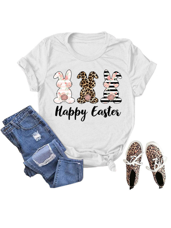 Women's Easter Bunny HAPPY EASTER Letter Print Short Sleeve T-Shirt White