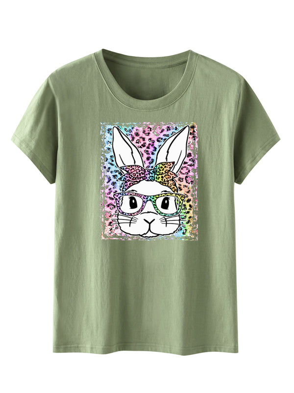 Women's Leopard Rabbit Graphic Print Tee Pale green