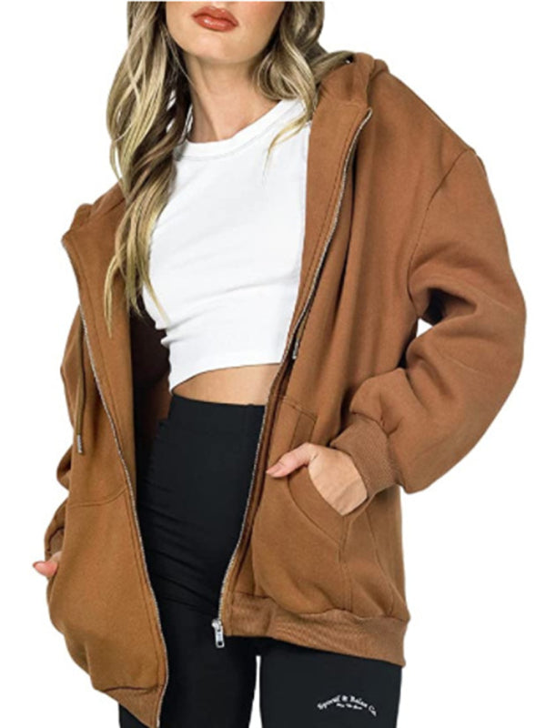 Casual hooded thickened zipper cardigan sweater Brown
