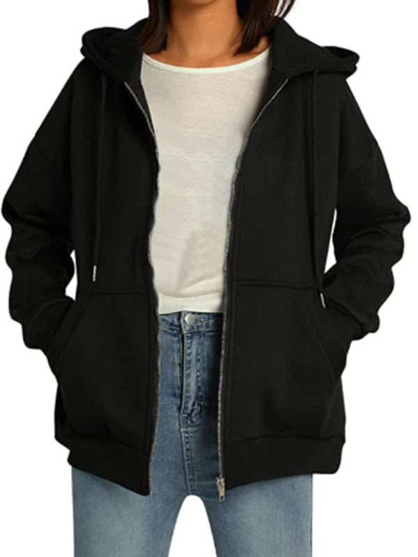 Casual hooded thickened zipper cardigan sweater Black