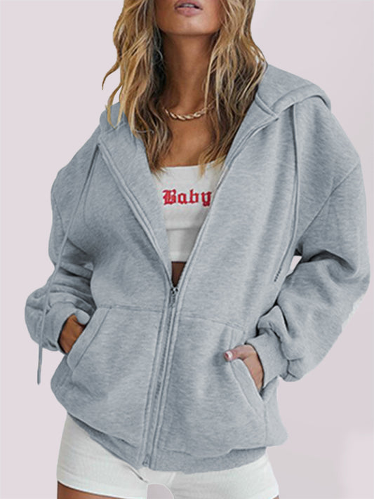 Casual hooded thickened zipper cardigan sweater Grey