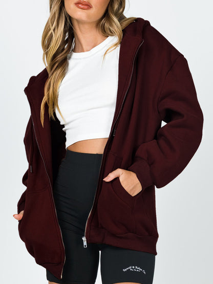 Casual hooded thickened zipper cardigan sweater Purplish red