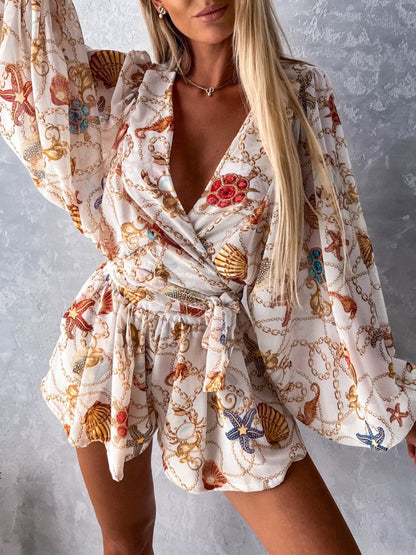 Women's woven floral long-sleeved shorts V-neck tropical rainforest jumpsuit Cracker khaki