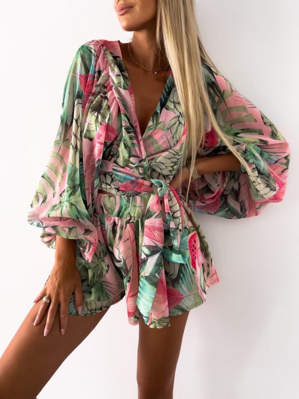 Women's woven floral long-sleeved shorts V-neck tropical rainforest jumpsuit