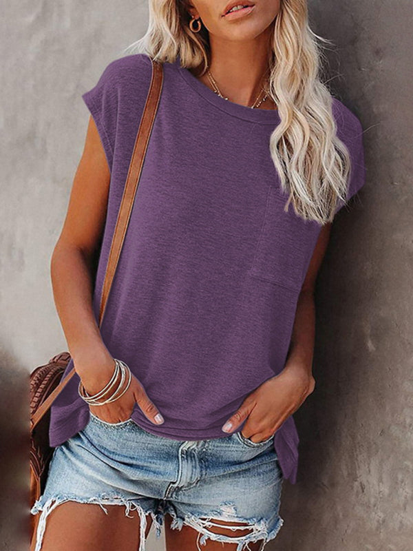 Women's Tops Solid Color Pocket Off Shoulder Round Neck Short Sleeve Women's T-Shirt Purple